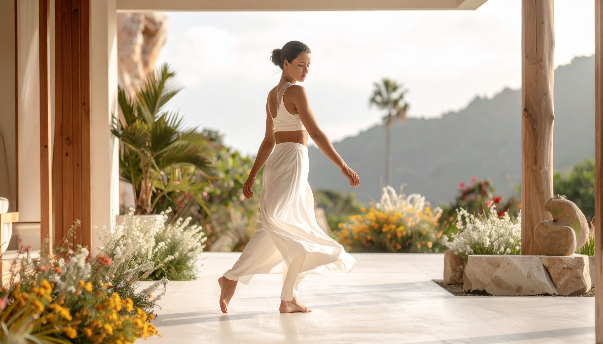 A woman in flowing white linen moving freely across a warm, minimalist terrace framed by tropical flowers, stone, and distant mountains.